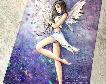 Holographic Fairy Art Print, Fairies Painting, Fantasy Art, Cosmos Galaxy Art Watercolor Faerie, Fairy Painting, Galaxy Sky