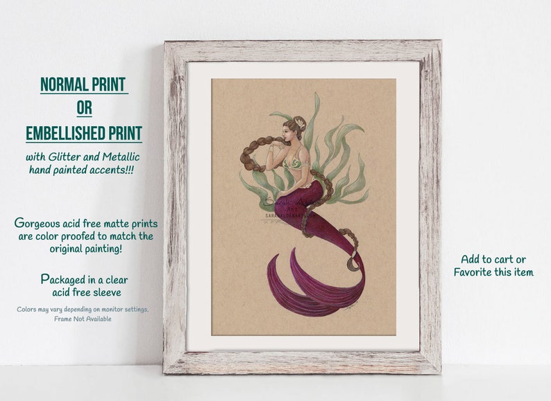 May include: A framed print of a mermaid with purple tail and green seaweed. The mermaid is holding a braid of hair in her hand. The print is on a brown background and has a white frame.