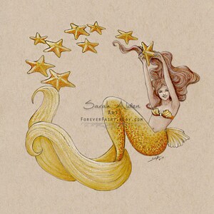 May include: A watercolor illustration of a mermaid with long, flowing golden hair and a tail. She is holding a starfish in each hand and is surrounded by other starfish. The background is a light brown color. The text "Sarah Alden Art" and "FOREVERFAIRYSTORY.COM" is visible in the image.