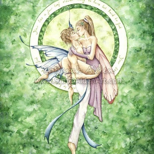 Fantasy Fairy Art, Lovers Painting, Fairy Couple Art, Kissing Fairy Print, Fairies Painting, Woodland Faerie 8x10 - Sarah Alden