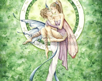 Fantasy Fairy Art, Lovers Painting, Fairy Couple Art, Kissing Fairy Print, Fairies Painting, Woodland Faerie 8x10 - Sarah Alden