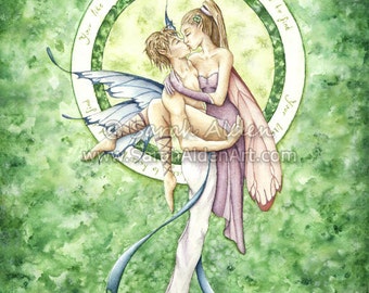 Arte de hadas de fantasía, pintura de amantes, arte de pareja de hadas, impresión de hadas besándose, pintura de hadas, hadas del bosque 8x10 - Sarah Alden