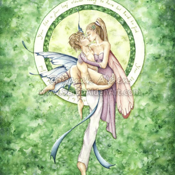 Fantasy Fairy Art, Lovers Painting, Fairy Couple Art, Kissing Fairy Print, Fairies Painting, Woodland Faerie 8x10 - Sarah Alden