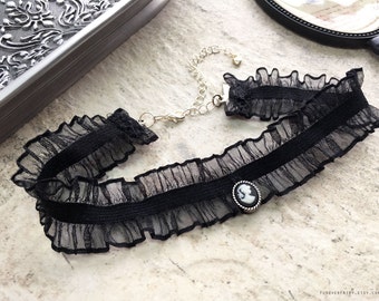 Black Lace Choker Necklace, Cameo Choker, 90 Gothic Choker, Lace Collar Victorian Choker, Lolita Choker, Lace Necklace, Black Choker 15 inch