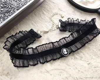 Black Lace Choker Necklace, Cameo Choker, Womens Gothic Choker, Lace Collar Victorian Choker, Lolita Choker, Lace Necklace, Black Choker