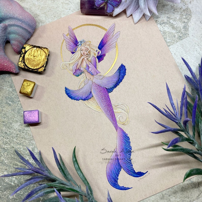 Fairy Mermaid Art, Fae Fantasy Print, Queen Mermaid Painting, Faerie Girls Room Decor, Mucha Anime Fairy Art, Beach House Art Embellished 5x7