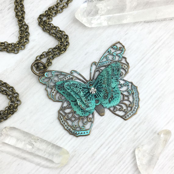 Vintage Butterfly Necklace, Handmade Butterfly Jewelry, Artisan Filigree Pendant, Woodland Fantasy Cottagecore Necklace Long 30 inch Chain