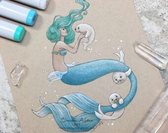 Arctic Mermaid Art, Baby Harp Seal Mermaid Print, Original Mermaid Painting, Harp Seal Painting, Mermaid Drawing