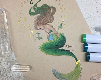 Earth Mermaid Art, Little Mermaid Print, Original Mermaid Painting, Eco Earth Day Art, Ocean Beach Decor Environmental Save the Earth Nature