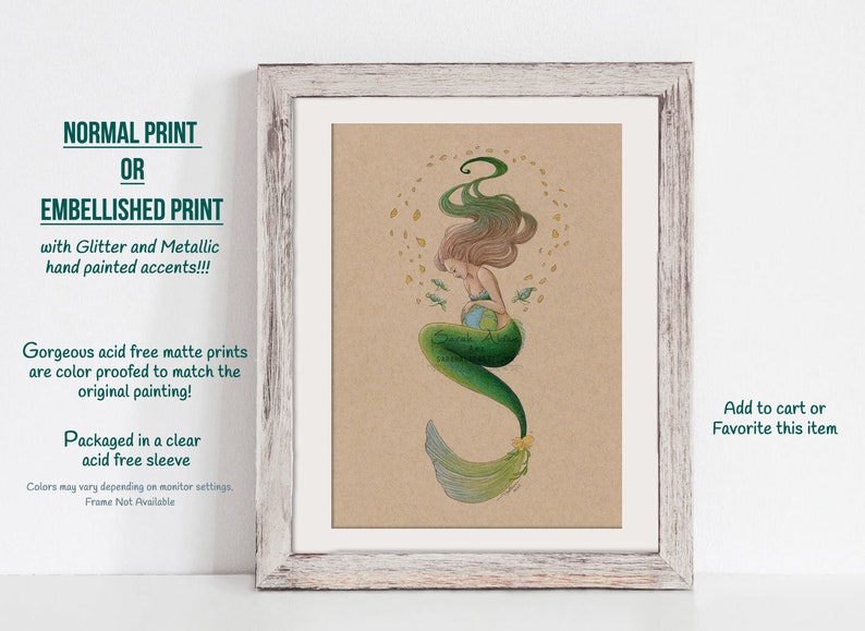 May include: A framed print of a mermaid with green hair and tail, holding a globe. The mermaid is surrounded by small fish and leaves. The print is on a brown background and has a white frame.