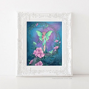 May include: A whimsical illustration of a fairy with green wings and pink hair, surrounded by pink flowers and green leaves. The fairy is standing on a branch with a crescent moon in the background.