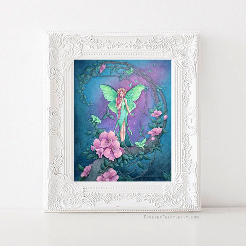 May include: A whimsical illustration of a fairy with green wings and pink hair, surrounded by pink flowers and green leaves. The fairy is standing on a branch with a crescent moon in the background.