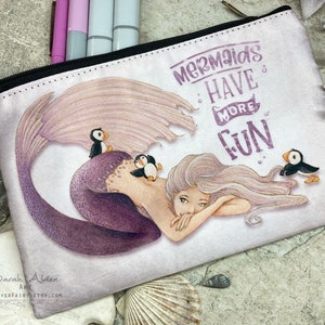 Cute Little Mermaid Bag with Puffin Birds, Mermaids Have Fun Cosmetic Bag, Girls Zipper Pouch, Small Travel Makeup Bag, Zipper Pencil Case image 1