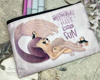 Cute Little Mermaid Bag with Puffin Birds, Mermaids Have Fun Cosmetic Bag, Girls Zipper Pouch, Small Travel Makeup Bag, Zipper Pencil Case