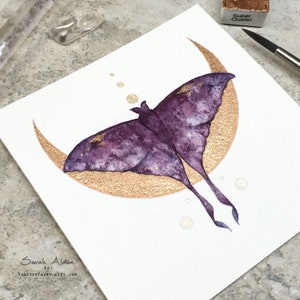 Luna Moth Art, Moon Art, Modern Butterfly Painting, Cottagecore Wall Art, Watercolor Gold Butterfly Decor, Luna Moth Print, Witch Decor