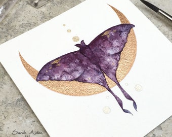 Luna Moth Art, Moon Art, Modern Butterfly Painting, Cottagecore Wall Art, Watercolor Gold Butterfly Decor, Luna Moth Print, Witch Decor