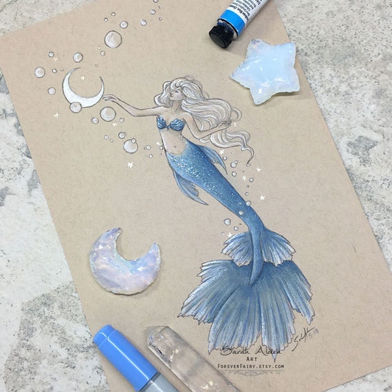 Moon Mermaid Print, Little Mermaid Art, Mermay Print, Original Mermaid Painting 5x7 Beach House Decor Moon and Stars, Bathroom Decor