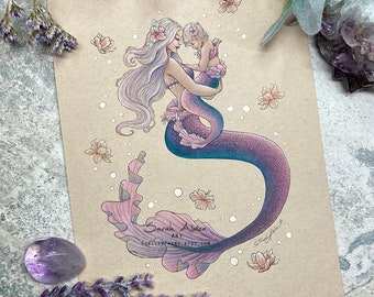 Mom and Baby Girl Mermaid Art Print 5x7, Mermaid Painting, Mermaid Decor, Ocean Art, New Mom Gift, Cute Nursery Art, Mother Child Beach Art