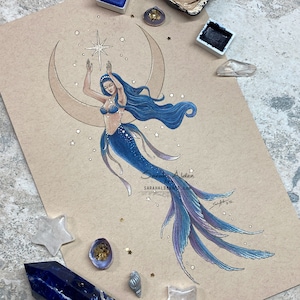 Mermaid Art Print, North Star Fantasy Art, Mermaid Painting, Celestial Print, Galaxy Art, Mermaid Bathroom Decor, Witchy 5x7 8x10 Wall Art
