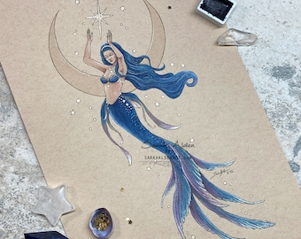 Mermaid Art Print, North Star Fantasy Art, Mermaid Painting, Celestial Print, Galaxy Art, Mermaid Bathroom Decor, Witchy 5x7 8x10 Wall Art