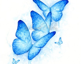 Blue Butterfly Print, Butterflies Print, Watercolor Butterfly Painting, Original Art, Butterfly Wall Art Butterfly Illustration Sarah Alden