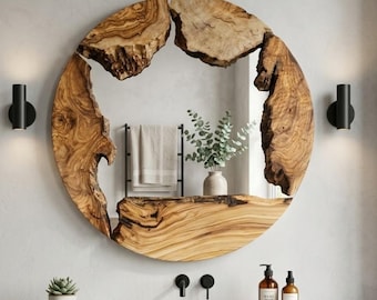 Live Edge Runder Spiegel aus Olivenholz - Rustikale Boho-Wanddekoration - Handgemachtes Bio-Wohndekor