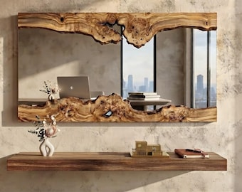 Live Edge Olive Wood Mirror – Rustic Asymmetrical Natural Wall Decor