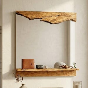 Live edge Wandspiegel mit Ablage - Rustikaler Wandspiegel aus Holz mit Ablage - Handgemachter Wandspiegel mit Ablagen