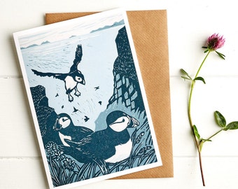 Puffins on a Cliff Card,Blank Greetings Card,Linocut,Bird,Seabird,Art Card,Wildlife,Nature,RSPB,Puffin,Card For Birdlover,Coast,Sea