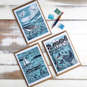 Curlew,Seal,Garden Notecards,Pack of 6,Linocut Cards,2 of each design,Curlew,Redshank,Seals,Blank Notecards,Gift,Sailing,Seashore,birds