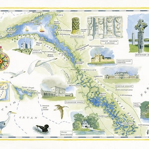 Mappa di Fermanagh,Irlanda del Nord,Mappa,Acquerello,Enniskillen,Pensionamento,Irlandese,Irlanda,Fauna selvatica,Patrimonio,Stampa,Nuova Casa,Regalo di nozze