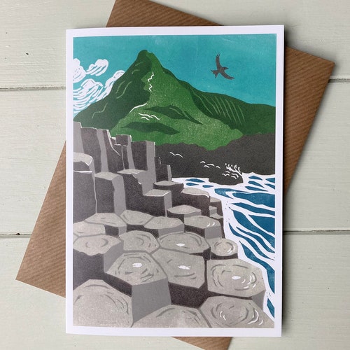 Giant's Causeway Card,Greetings Card,Blank,Linocut,N.Ireland,Art,Made in UK,National Trust,Coast,Heritage,Ireland,Causeway Coast,UNESCO site