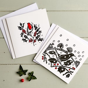 Pacote de cartões de Natal Blackbird & Robin 4, Linogravura, Natal, Em branco, Cartões de arte, Cartões de felicitações, Inverno, Pássaro, Arte em linóleo, Cartões para amantes de pássaros