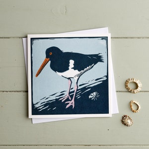 Ostrero en tarjeta de roca, Linograbado, Tarjeta de arte, Costera, Pájaro, Aves playeras, En blanco, Costa, Vida silvestre, Naturaleza, Mar, Hecho en el Reino Unido, Aves marinas