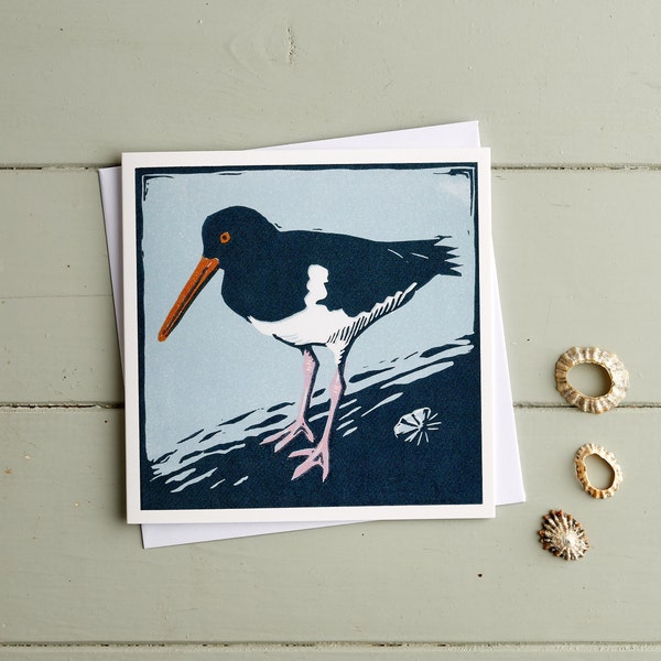 Oystercatcher on Rock Card,Linocut,Art Card,Coastal,Bird,Shorebird,Blank,Seashore,Wildlife,Nature,Sea,Made in UK,Seabird
