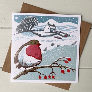 Invierno costero, Tarjeta, Navidad, Petirrojo, Linograbado, Escena nevada, Pájaro, En blanco, Arte, Nieve, Hecho en el Reino Unido, Naturaleza, Vida salvaje, Costa, Regalo, Nostálgico, Nieve, Saludos