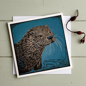 Otter Card, Blank, Sea Otter, Linosnede, Wenskaart, Wildlife, Wild, Dier, Kust, Natuur, Bedankkaart, Verjaardagskaart, Gemaakt in het Verenigd Koninkrijk, Kunst