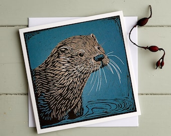 Otter Karte,Blanko,Seeotter,Linolschnitt,Grußkarte,Wildtier,Wild,Tier,Sea Shore,Natur,Dankeschön Karte,Geburtstagskarte,Made in U.K.,Art