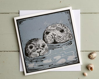 Seals Card,Blank,Linocut,Greetings,Art card,Card,Seal With Pup,Wildlife,Coastal,Seashore,New Baby,Christening,Nature,Art,Made in U.K.Irish