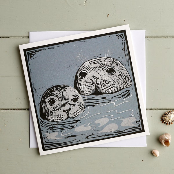 Seals Card,Blank,Linocut,Greetings,Art card,Card,Seal With Pup,Wildlife,Coastal,Seashore,New Baby,Christening,Nature,Art,Made in U.K.Irish