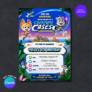 Op de afbeelding: Een digitale verjaardagsuitnodigingskaart met de Creature Cases-personages. De tekst luidt: Join the adventure! You're invited to a Creature Cases Miles's 5th Birthday. Het bevat velden voor datum, tijd, locatie en RSVP-details met bijbehorende iconen.