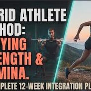 Puede incluir: Un gráfico con el texto HYBRID ATHLETE METHOD: UNIFYING STRENGTH & STAMINA. THE COMPLETE 12-WEEK INTEGRATION PLAN. El lado izquierdo muestra a una persona levantando una barra, mientras el derecho muestra a alguien corriendo en la montaña.