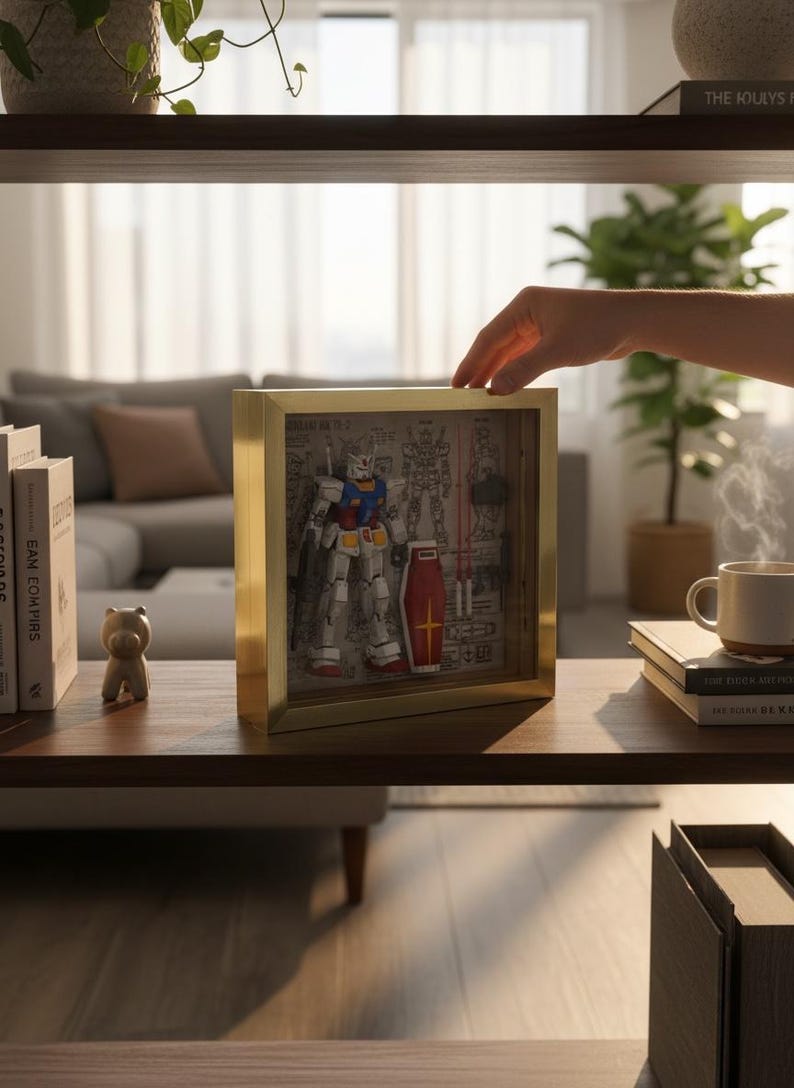 May include: A framed, three-dimensional model of a Gundam robot, featuring red, blue, yellow, and white accents. The model is displayed within a gold-colored frame, showcasing detailed mechanical components and a shield. The artwork is set on a wooden shelf.
