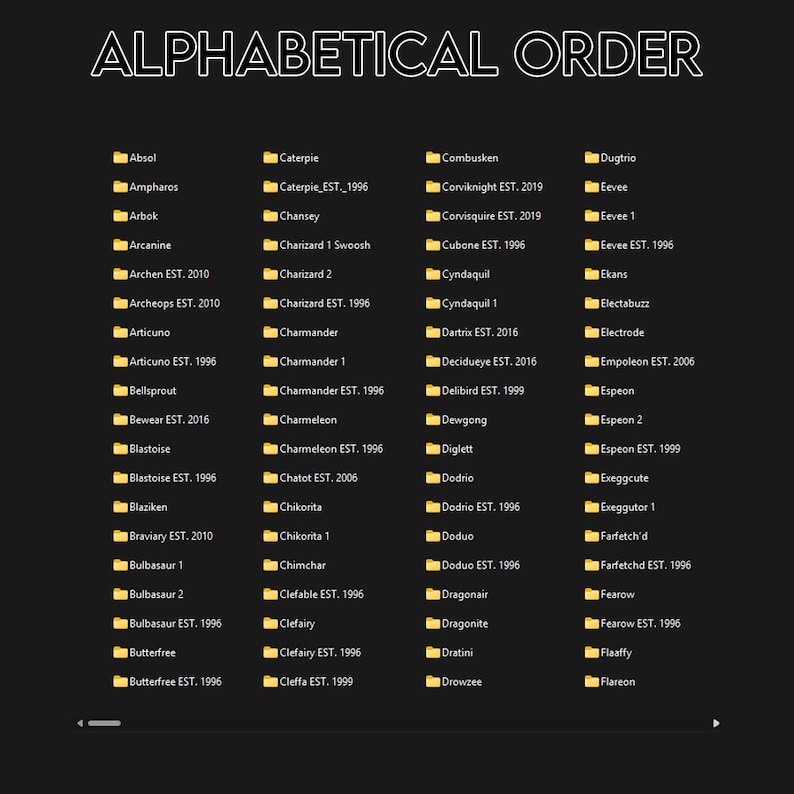 May include: A black and white image showing a list of Pokemon names arranged alphabetically. The title "ALPHABETICAL ORDER" is at the top. Each name has a small icon beside it. The list includes names such as Absol, Ampharos, and Arbok.