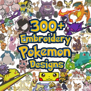 Può includere: Una collezione di ricami colorati con vari personaggi dei Pokémon. L'immagine include il testo "300+ Embroidery Pokemon Designs" in giallo e blu. I disegni mostrano personaggi popolari come Pikachu, Charizard e Bulbasaur.