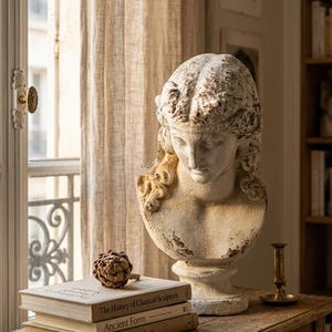 Peut inclure: Un buste de sculpture classique avec une finition blanc cassé vieillie est posé sur une table en bois. En dessous, trois livres avec des titres dont "The History of Classical Sculpture". Un petit artichaut décoratif et un bougeoir en laiton sont également sur la table.