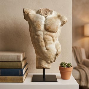 Gran torso masculino griego antiguo de 22": Escultura con acabado de piedra antigua, estatua de héroe romano sobre pedestal, decoración Dark Academia, réplica de museo de lujo