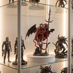 May include: A glass display cabinet showcasing several figurines. The collection includes a red and black winged figure with a sword, two figures in futuristic armour, and monster-like creatures. The cabinet has integrated lighting.