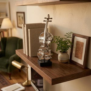 Silver Abstract Violin Sculpture 14": Modern Deconstructed Musical Statue, Chrome Cello Art, Music Room Decor, Gift for Musicians & Teachers