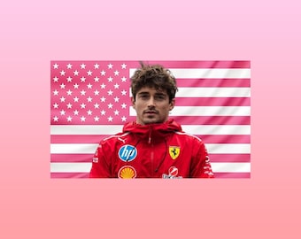 Tapiz rosa con la bandera estadounidense de Charles Leclerc – Arte mural de carreras de Fórmula 1 / Decoración para aficionados a los pilotos de F1 / Bandera estética del automovilismo